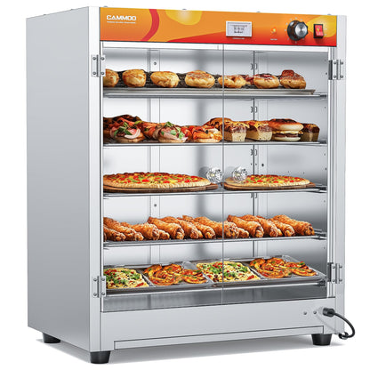 CAMMOO 133Qt 5-Tier 900W Commercial Food Warmer w/ 304 Blued Stainless Steel Heating Element, Double-Tempered Glass Door, Adjustable Shelf, Electric Catering Hot Box Countertop Heated Holding Cabinet