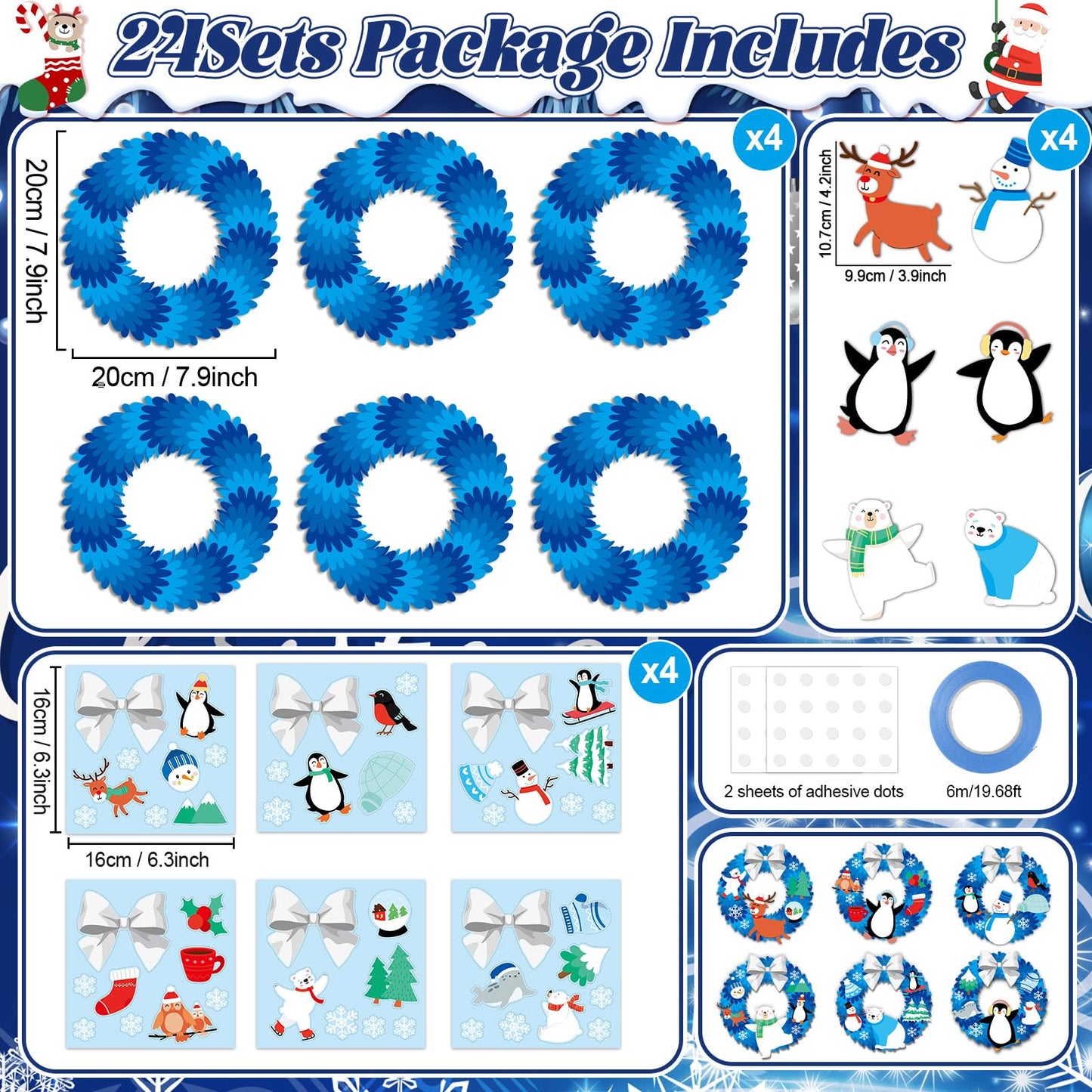24 Sets Winter Crafts for kids DIY Christmas Wreath Ornaments Decorations Winter Classroom Hanging Ornaments Penguin Snowman Stickers Paper Arts and Crafts for Kids Holiday Home Classroom Activities