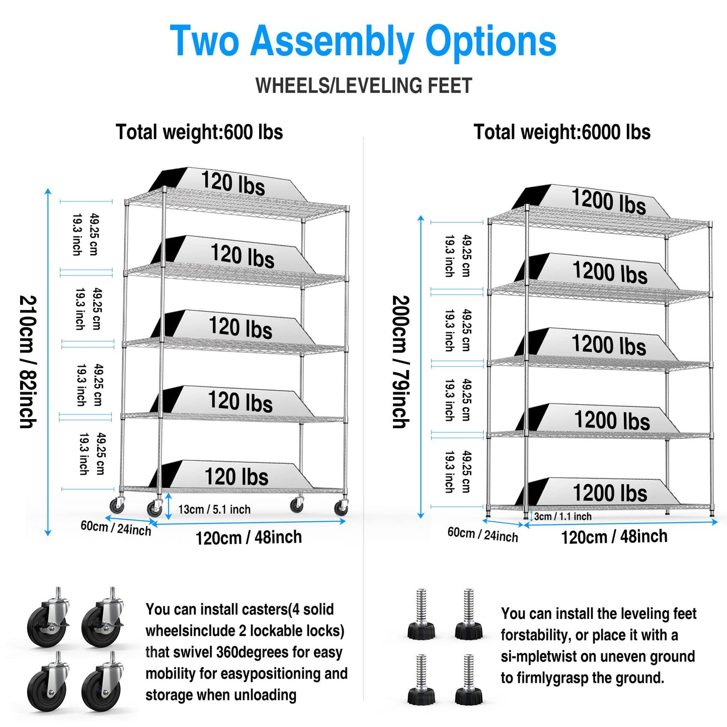5 Tier 6000lbs Capacity NSF Metal Shelf Wire Shelving Unit, Heavy Duty Adjustable Storage Rack with Wheels & Shelf Liners for Commercial Grade Utility Steel Storage Rack, Chrome - 82"H x 48"L x 24"D