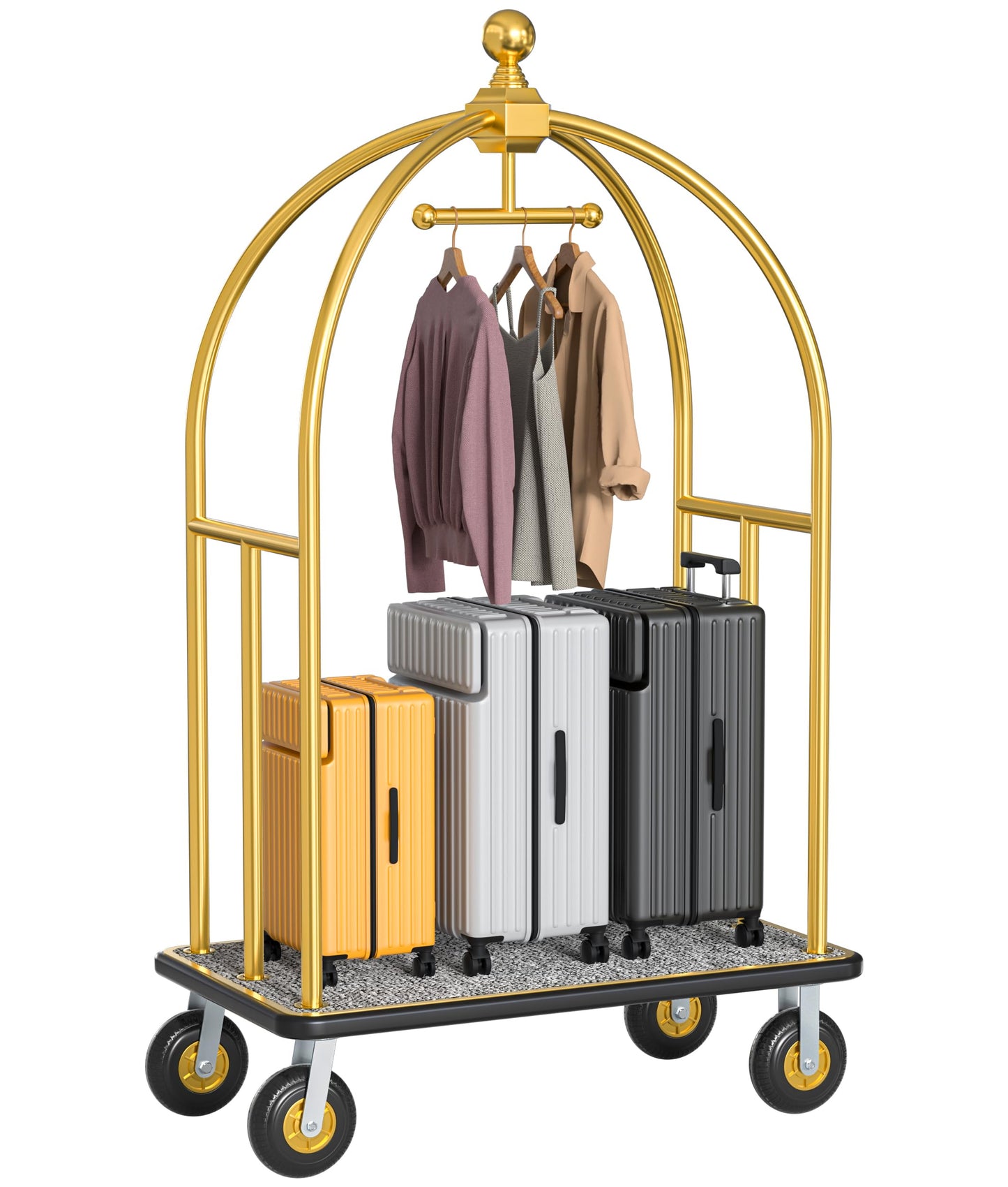Hotel Luggage Cart, 1300LBS Load Capacity Bellman's Cart with 8" Wheels, Brushed Stainless Steel Commercial Grade Hotel Luggage Trolley with Grey Carpeted Deck for Hotels (Gold/42''L x 26''W x 74''H)