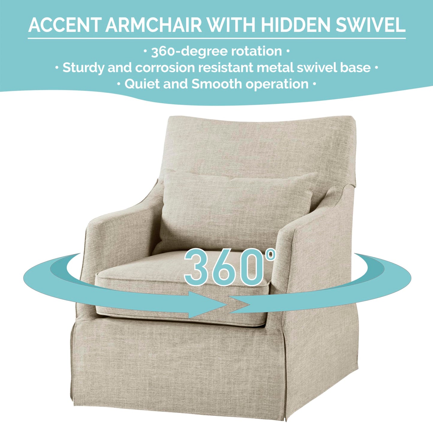 Martha Stewart London Swivel Chair - Solid Wood & Plywood, Skirted Metal Base Accent Armchair, Lumbar Pillow -Modern Classic Family Room Sofa Furniture Bedroom Lounge, 28"X31.5"X35.25", Beige Multi