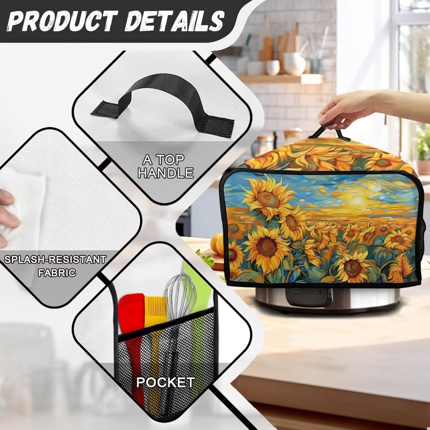 Oil Painting Sunflower Slow Cooker Dust Cover, Yellow Air Fryer Cover with Top Handle and Storage Pockets