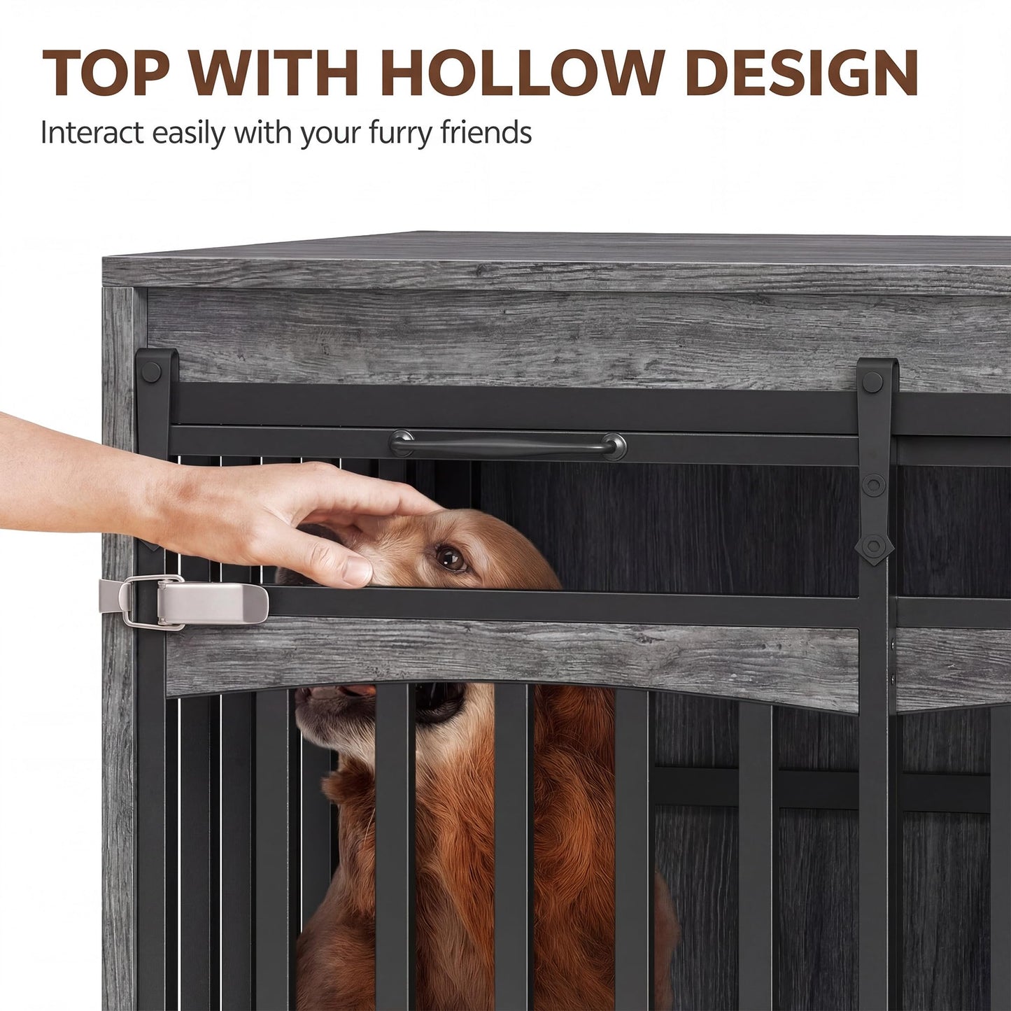 Homiflex 68.9" Large Dog Crate Furniture with 3 Storage Drawers Farmhouse Dog Kennel TV Stand Indoor for Large Medium Dogs Decorative Dog Cage with Sliding Barn Door & Power Outlet Grey