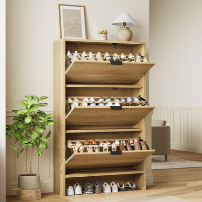 CABIHOME Shoe Storage Cabinet for Entryway, 32" Wide Fluted Shoe Cabinet with 3 Flip Drawers Doors, Shoe Rack Tall Freestanding Shoe Organizer for Entrance, Hallway, Living Room, Natural