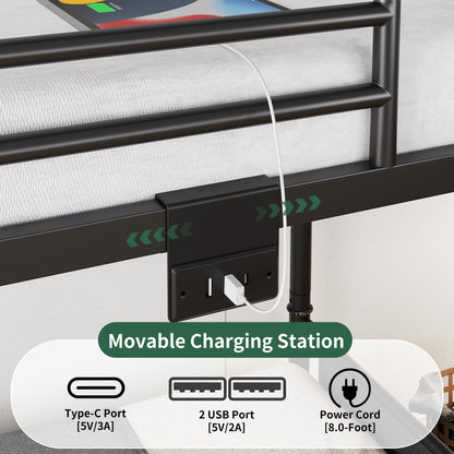 Jocoevol Metal LED Bunk Bed Twin Over Twin with 2 Storage Drawers, USB Charging Station, Industrial Bunkbeds Heavy Duty Bed with Safety Guardrail and Ladder, No Box Spring Needed, Black