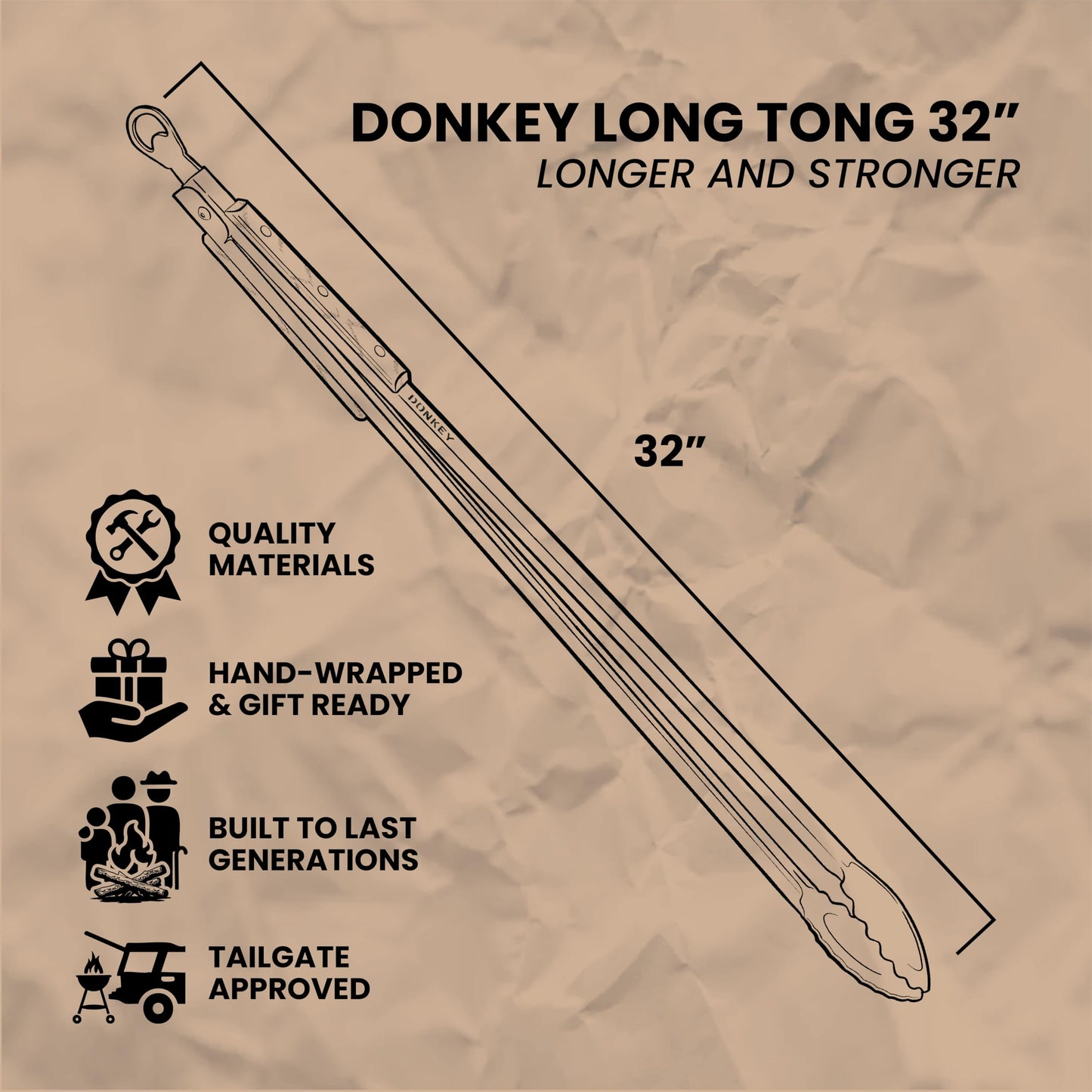 32" Heavy Duty Fire Tongs - Extra Long Log Grabber for Grill, Fire Pit, Pizza Oven & Campfire | Handmade South African Rust Resistant Stainless Steel Firewood Tongs with Wood Handle | Donkey Long Tong