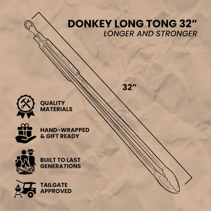 32" Heavy Duty Fire Tongs - Extra Long Log Grabber for Grill, Fire Pit, Pizza Oven & Campfire | Handmade South African Rust Resistant Stainless Steel Firewood Tongs with Wood Handle | Donkey Long Tong