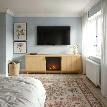 Walker Edison Arundo Reeded TV Stand with Fireplace & Storage, 70" Fireplace, Coastal Oak