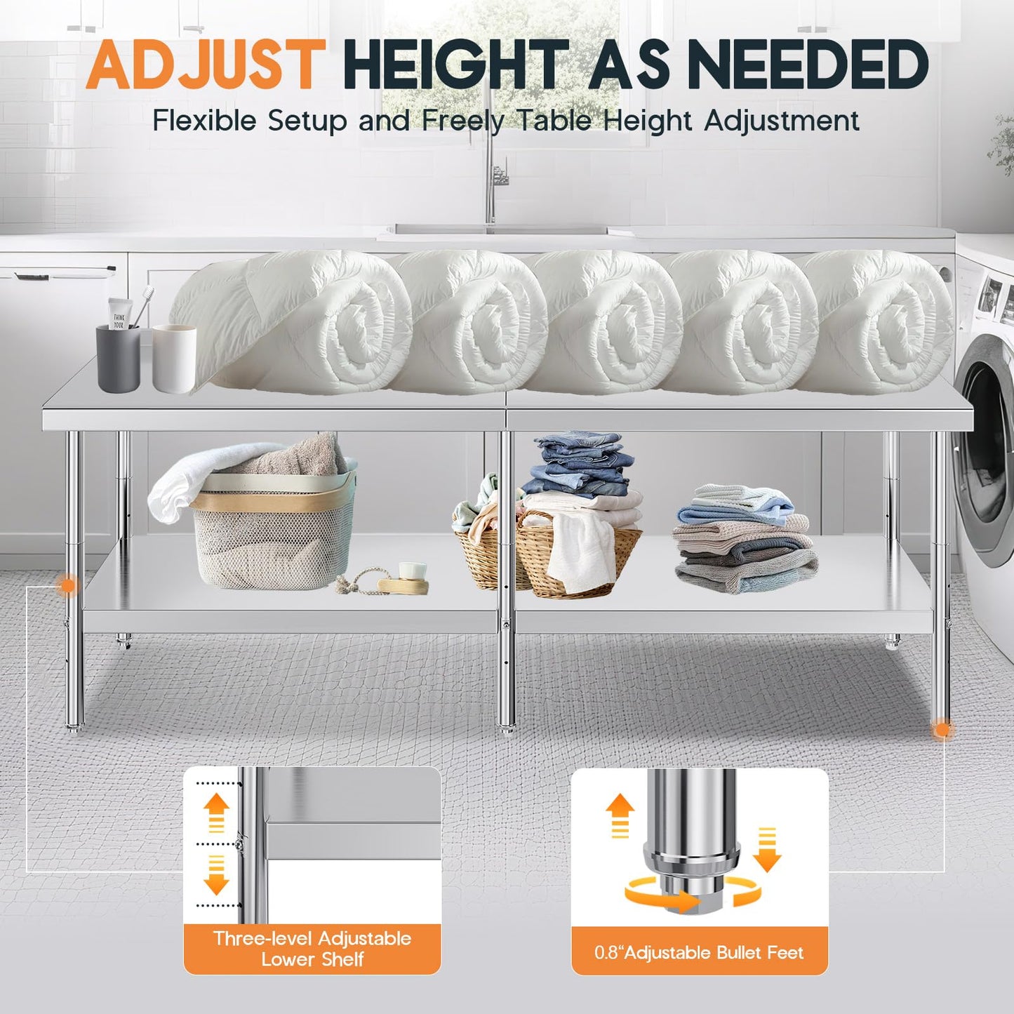 Jocisland 30" x 96" Stainless Steel Table for Prep & Work, Food-Grade Stainless Steel with Backsplash, Adjustable Under Shelf & Safe Design for Restaurant, Home and Outdoor