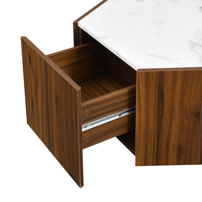 Merax Rustic Retro Coffee Table with 2 Hidden Drawers, Hexagonal Wooden Living Room Table with Textured White Marble Tops, Walunt Oak Finish