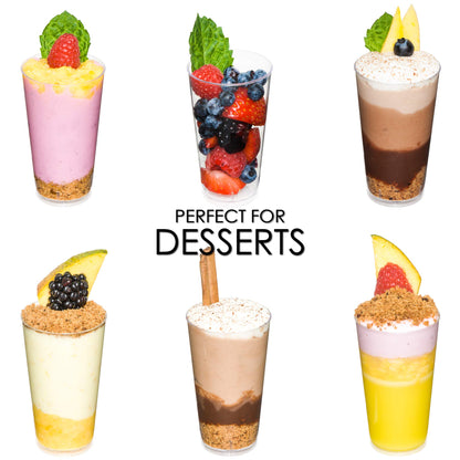 DLux 50 x 3 oz Mini Dessert Cups with Spoons, Shooter - Clear Plastic Parfait Appetizer Cup - Small Reusable Shot Glass for Tasting Party Shooters Desserts Appetizers - With Recipe Ebook