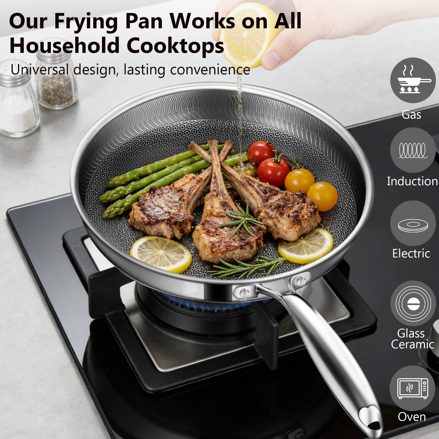 Vocvee Non Stick Frying Pans, 12-inch with Lid, Hybrid Frying Pans Nonstick Stainless Steel Skillets, Dishwasher & Oven-Safe, Stay-Cool Handle, PFOA Free Cookware, Compatible with All Cooktops