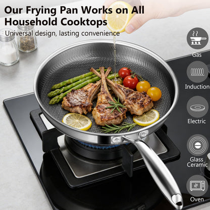 Vocvee Non Stick Frying Pans, 12-inch with Lid, Hybrid Frying Pans Nonstick Stainless Steel Skillets, Dishwasher & Oven-Safe, Stay-Cool Handle, PFOA Free Cookware, Compatible with All Cooktops