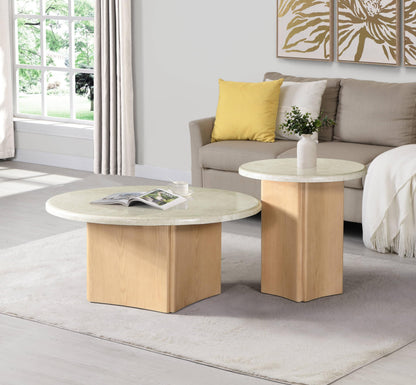 Acme Qwin Marble and Wood Round Coffee Table with Curved Base in Natural Oak