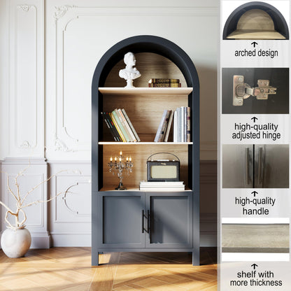 KEIKI 66.7" Tall Arched Bookshelf, Modern Bookcase with 3-Tier Storage Shelf & Cabinet, Large Wooden Open Display Book Shelves, Space-Saving Corner Book Shelf for Home Office Living Room, Black
