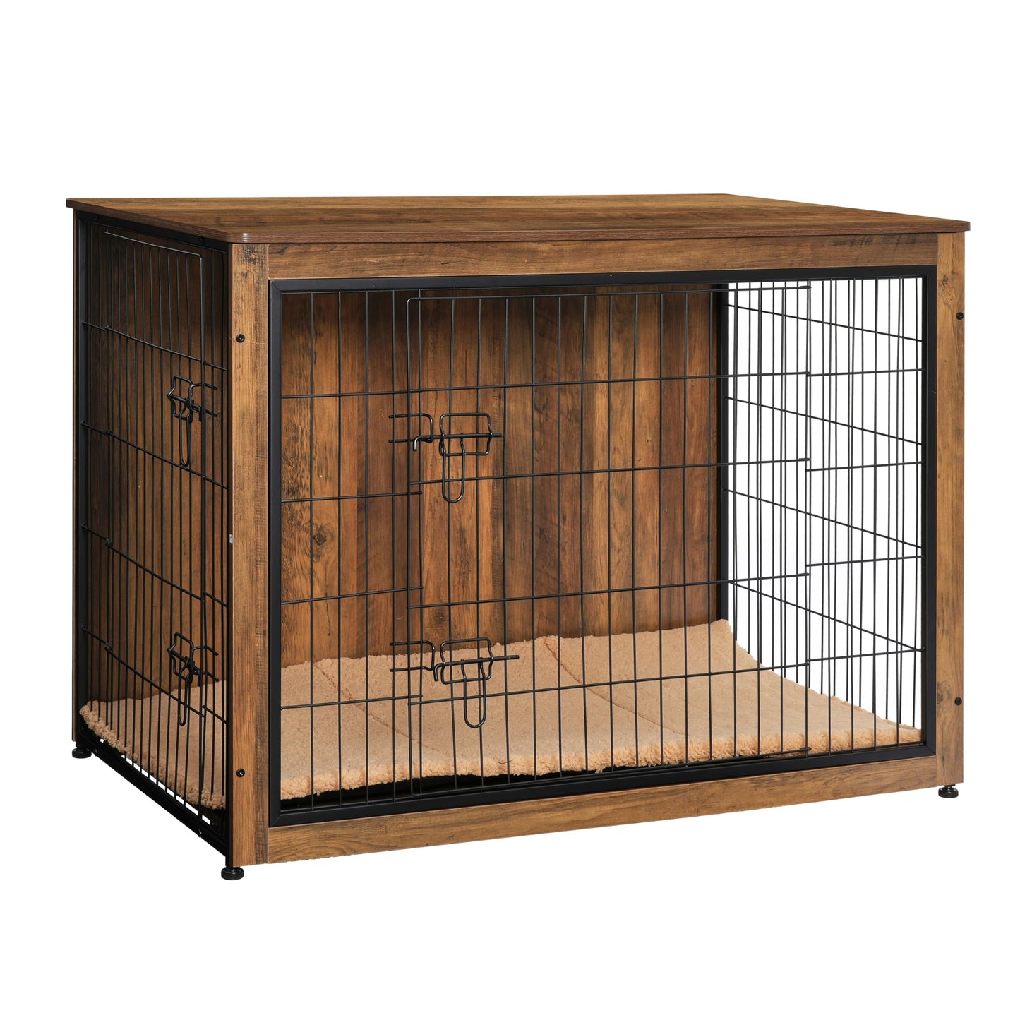 DWANTON Dog Crate Furniture with Cushion, Wooden Kennel Table with Double Doors, Indoor Dog House, Extra Large, 43.3" L, Warm Brown