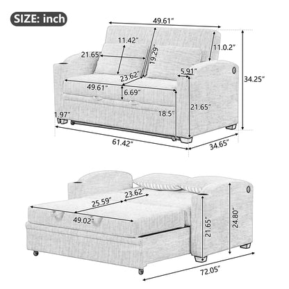 GDFStudio Pull Out Sofa Bed with USB Ports and Cup Holders, 3-Position Adjustable Backrest Chenille Loveseat, Sturdy Frame Compact Couch for Living Room Apartment Guest Bed, Gray