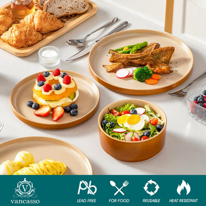 vancasso ONION Ceramic Plates and Bowls Sets, 24 Pieces Brown Dinnerware Sets for Kitchen, Reactive Glaze Dishes Set for 8, Dishwasher and Microwave Safe