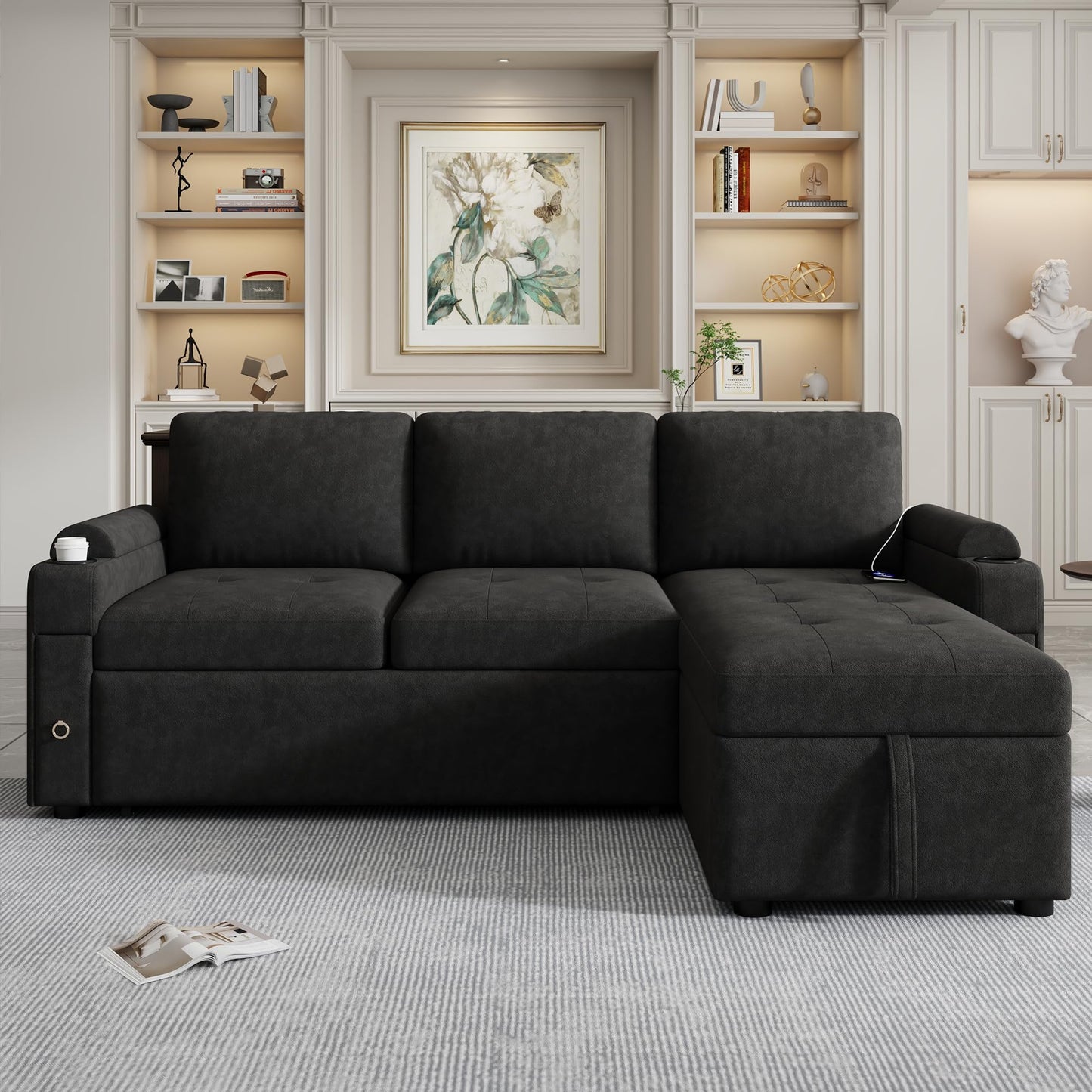 Merax Modern 83.5" L-Shaped Sectional Sofa with Pull-Out Sleeper Bed, USB Ports & Cup Holders, Chenille 3-Seat Couch with Storage Chaise Lounge, Side Pocket & Drawers for Living Room, Black
