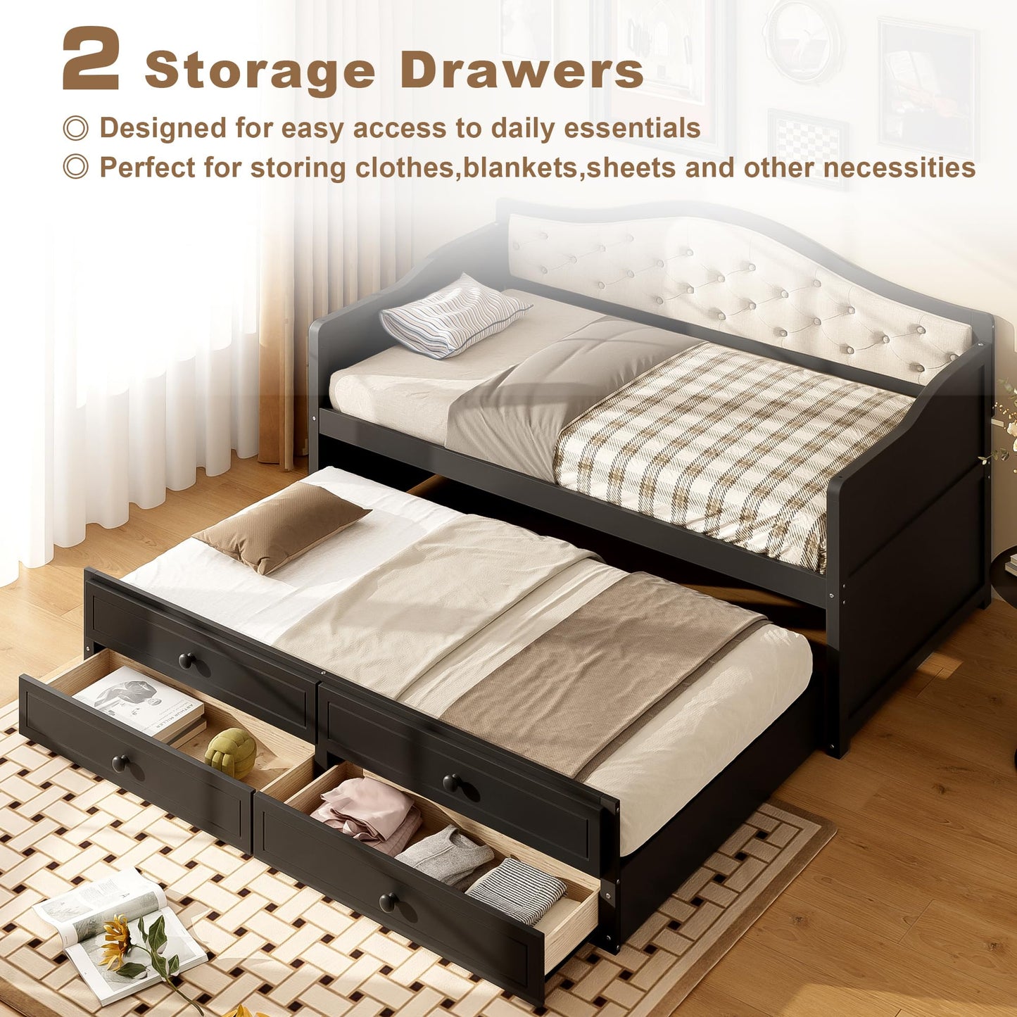 GDFStudio Twin Daybed with Trundle and 2 Storage Drawers, Upholstered Button Tufted Wooden Daybed Sofa Bed, Twin Size Pull Out Trundle Bed Frame for Living Room Bedroom Guest Room, Black