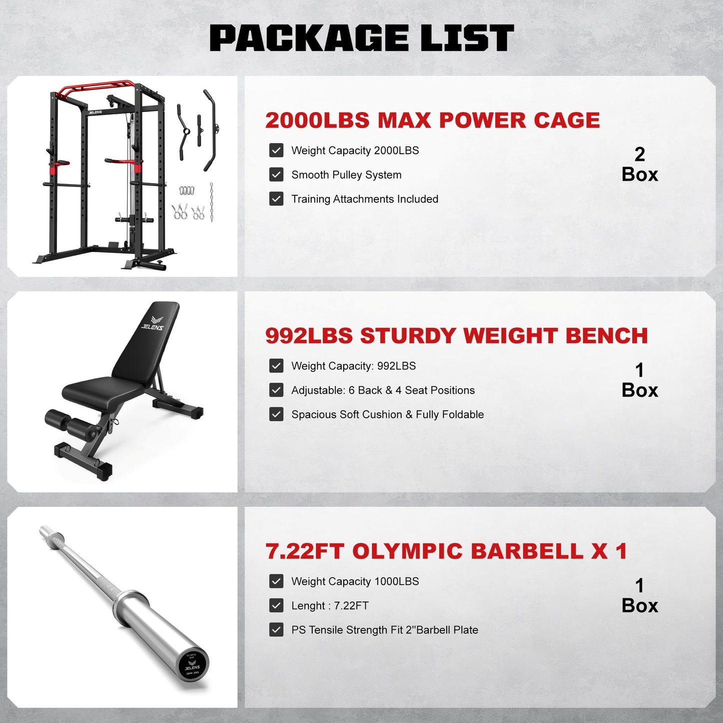 JELENS Power Cage, 2000LBS Multi-Function S11 Power Rack with LAT Pulldown, Squat Rack with Adjustable Pulley System and More Training Attachments, Weight Workout (Home Gym Package)