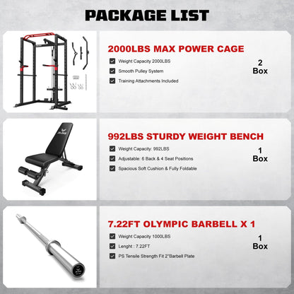 JELENS Power Cage, 2000LBS Multi-Function S11 Power Rack with LAT Pulldown, Squat Rack with Adjustable Pulley System and More Training Attachments, Weight Workout (Home Gym Package)