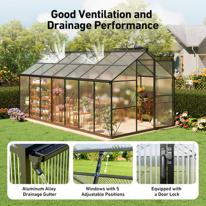 SYLVIERA 8x14FT Walk-in Greenhouse with Hygrometer,Polycarbonate Green House with UV Protection, Heavy Duty Greenhouse with Windproof Aluminum Frame, Roof Vent & Quick-Install Design