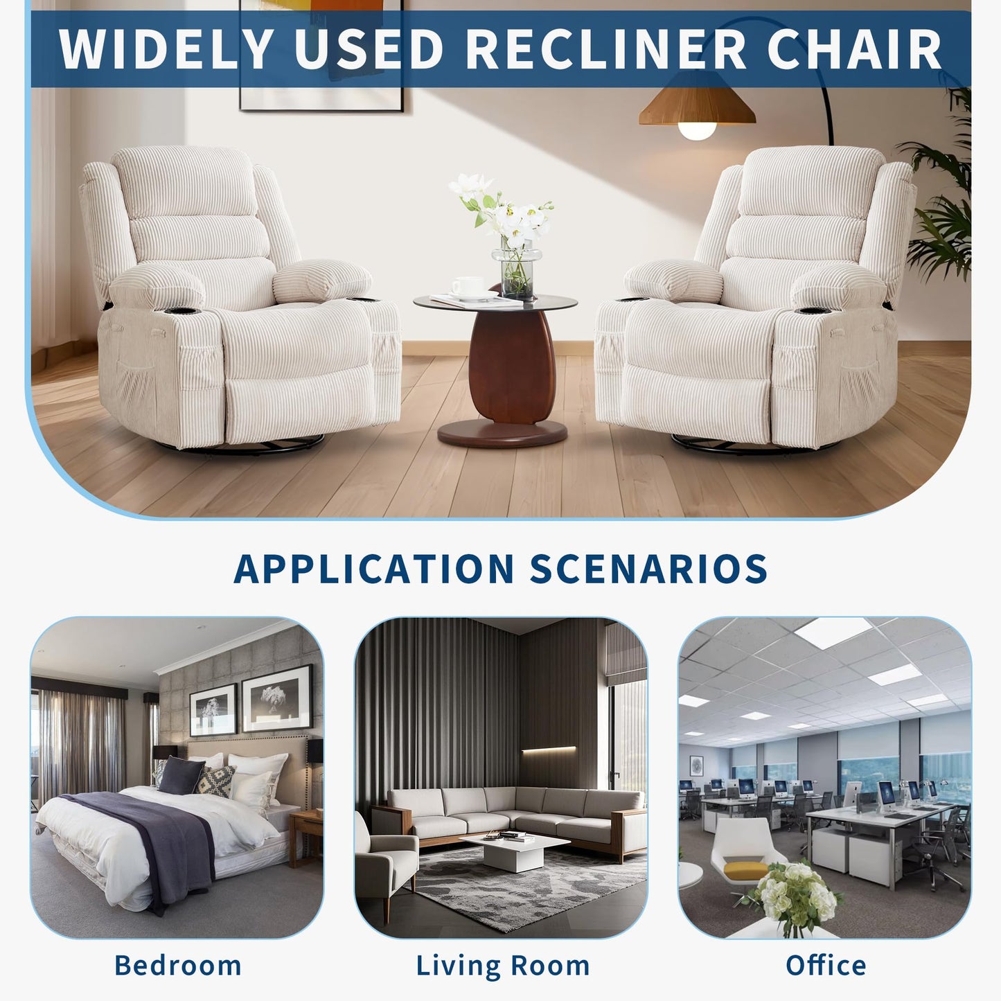 Rocking Recliner Chair for Adults Wide 360° Swivel Rocker Recliner with Cup Holder Nursery Glider with Upholstered Deep Seat Corduroy Lazy boy Chair for Living Room Beige