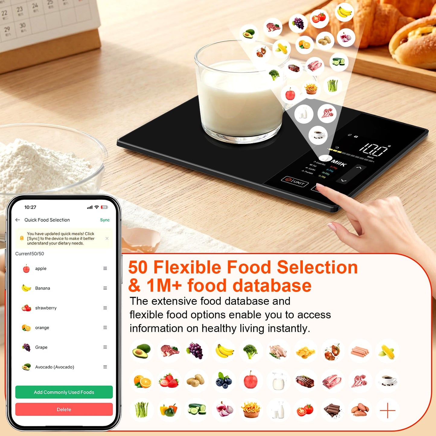 Smart Kitchen Food Scale with Nutritional Calculator, Calorie Fat Carbs Protein Tracker, Free App, Barcode Scan, Food Preload, On-Screen Nutrient Display, Personal Goals, 11 lb / 5 kg
