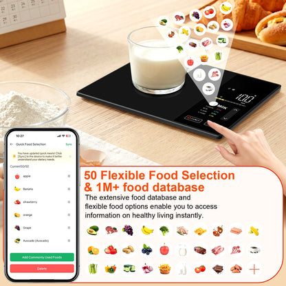Smart Kitchen Food Scale with Nutritional Calculator, Calorie Fat Carbs Protein Tracker, Free App, Barcode Scan, Food Preload, On-Screen Nutrient Display, Personal Goals, 11 lb / 5 kg