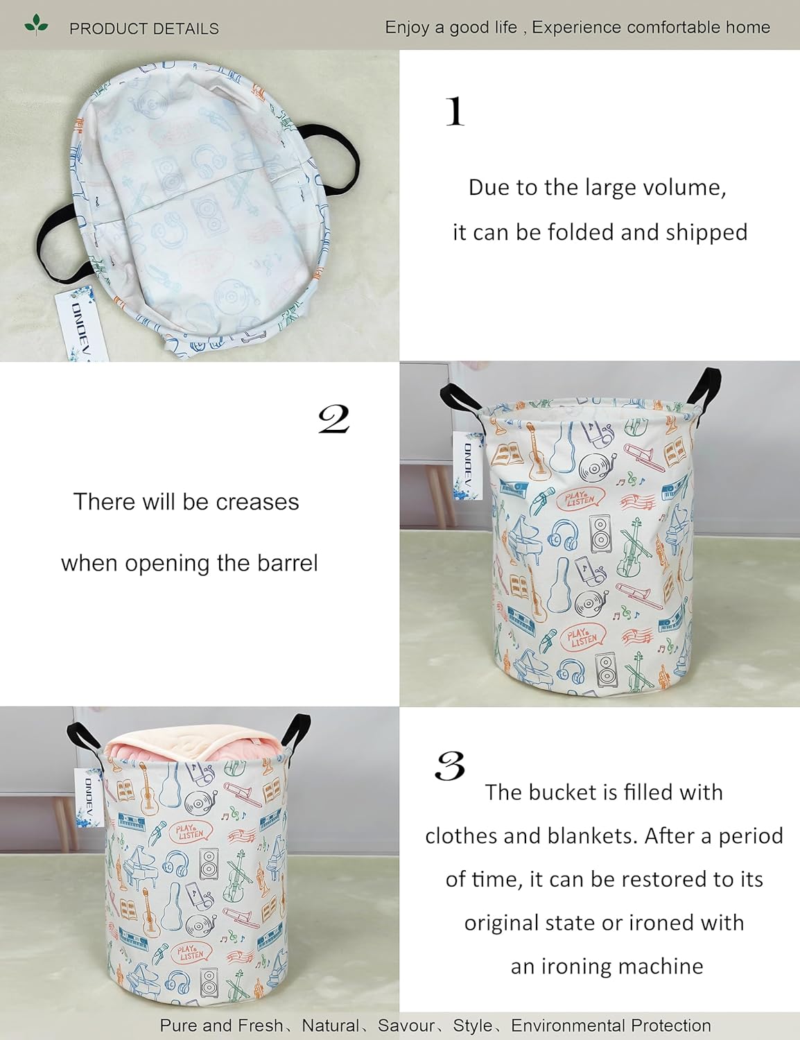 ONOEV Round Waterproof Laundry Basket,Gift Basket,Suitable for Children's Room and Toy Storage(Musical instrument)