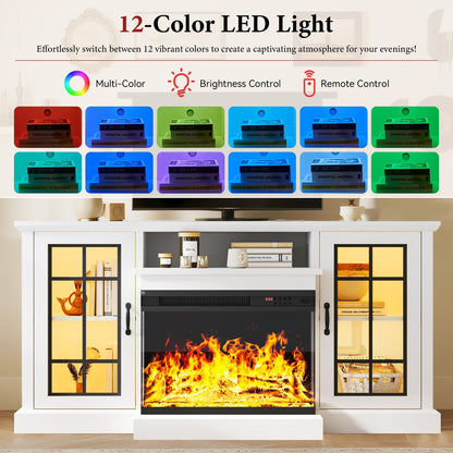 MXV 59'' Fireplace TV Stand, Farmhouse Entertainment Center with 3 Sided Glass TV Stand, Modern Media Console Table with Storage Drawers & Cabinets with LED Flame and Lights for Living Room, White