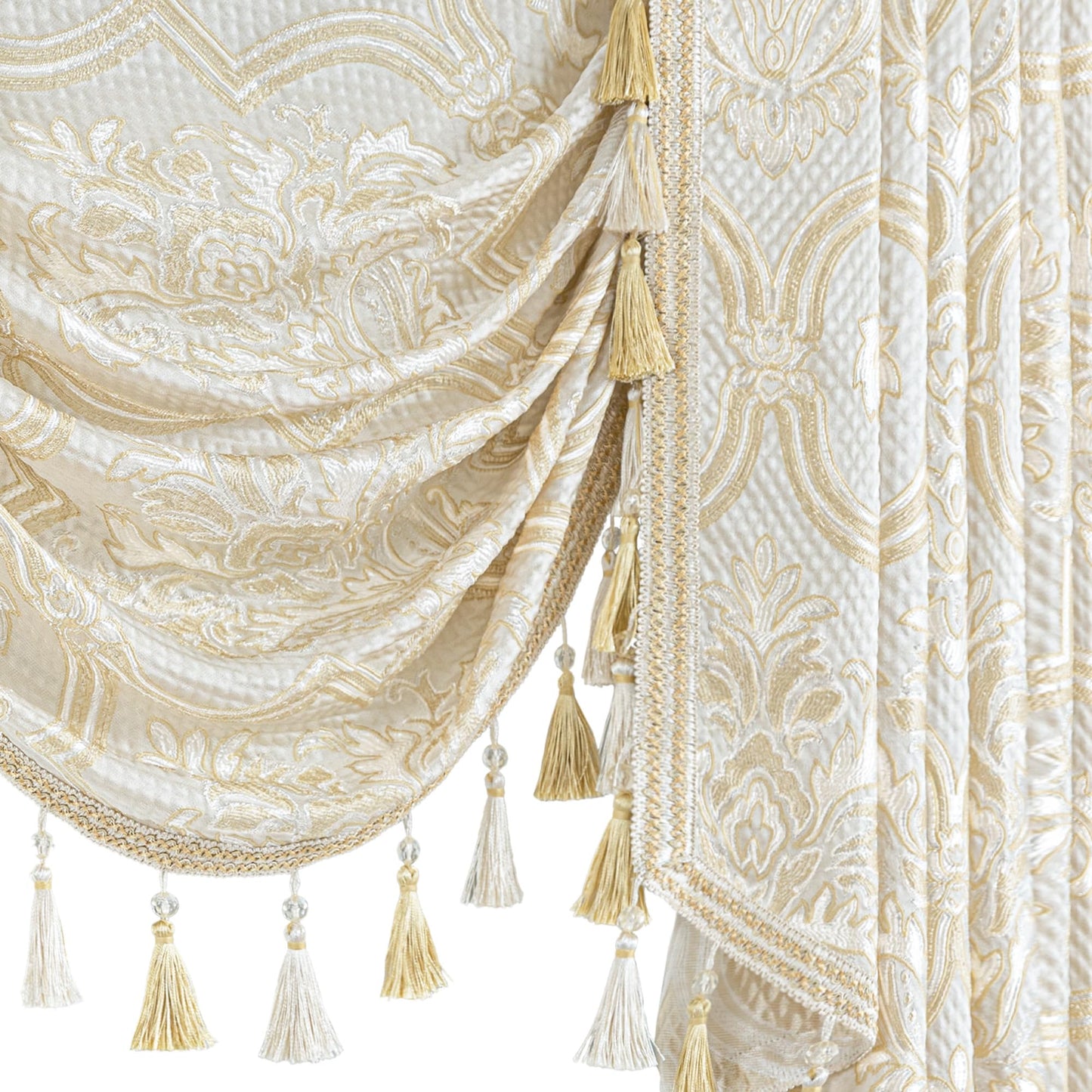 Loom and Mill European Elegant Waterfall Valance for Living Room, Luxury Jacquard Frame Swag Valances with Tassels, Beige Gold Floral Swag Curtains for Bedroom Window Holiday Decor(W59 Inch,1 Panel)