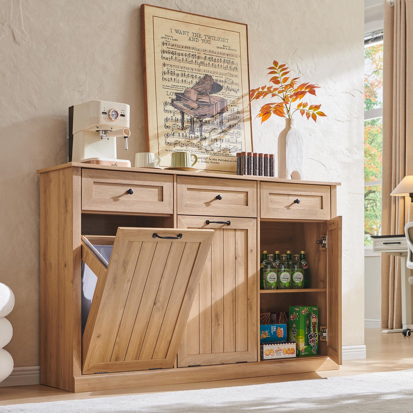 IFGET Triple Tilt Out Trash Can Cabinet, 20 Gallon Farmhouse Laundry Hamper Cabinet w/3 Drawers & Adjustable Shelf, Hidden Wooden Trash Can Cabinets with Storage Basket for Kitchen (Natural)