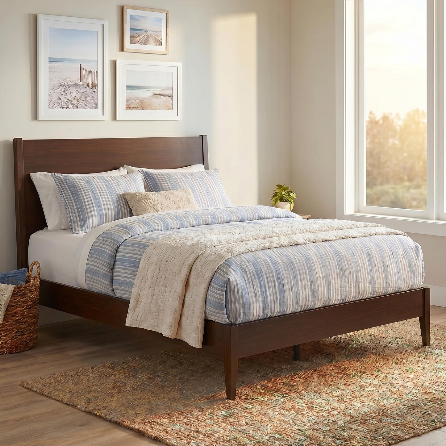 Christopher Knight Home Mid-Century Modern Solid Bamboo Wood Queen Size Sleigh Platform Bed Frame with Wood Slats and Metal Support,No Box Spring Needed,Easy Assembly, Chocolate