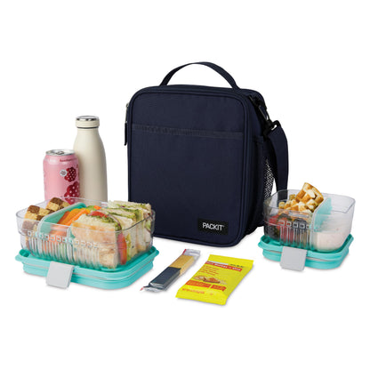 PackIt Freezable Crossbody Lunch Box, Midnight Navy, Technology, Fully Freezable, Collapsible, Reusable, With Top Handle, Front Slip Pocket. Effortlessly Carry, Fresh Every Time