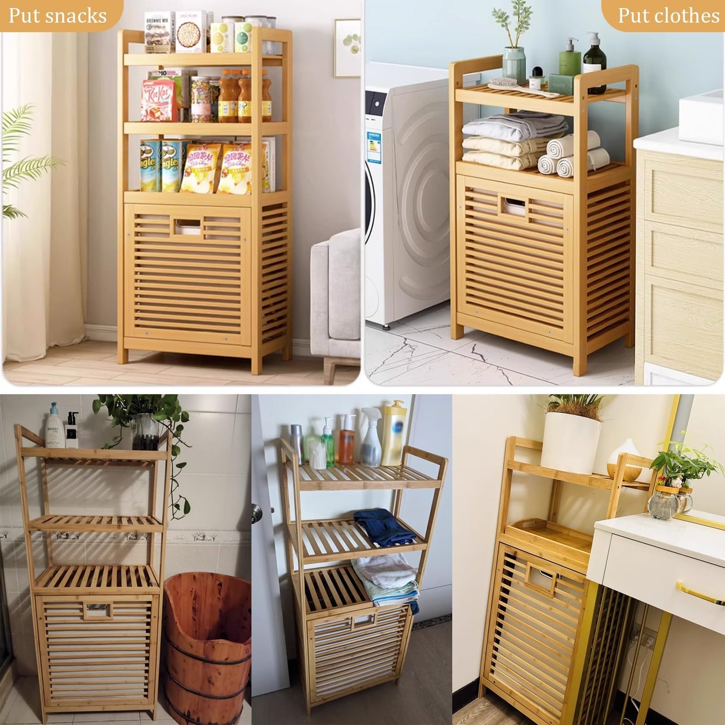 Wood Large Laundry Hamper Cabinet, Laundry Sorter with Pull-Out and Removable Bags, Breathable Hampers for Laundry, Bedroom
