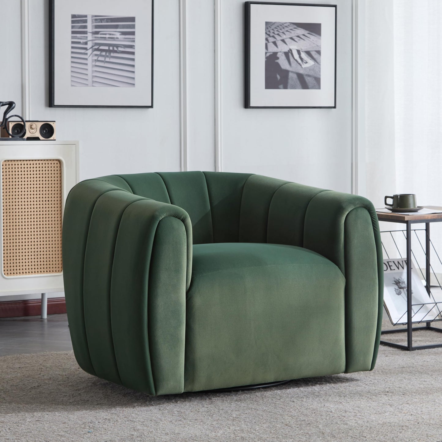 Christopher Knight Home Monroe Velvet Swivel Club Chair,Armchair with 360-Degree Rotation,Upholstered Barrel Swivel Sofa Chair for Living Room/Bedroom,Tufted Back,Thick Cushion, Iron Base, Olive Green