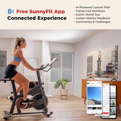 Sunny Health & Fitness PACE 300 Smart Magnetic Indoor Cycling Bike, Quiet Exercise for Home Gym Cardio Training, Ultimate Fit with Adjustable handle & seat, Free SunnyFit App Connection - SF-B124068