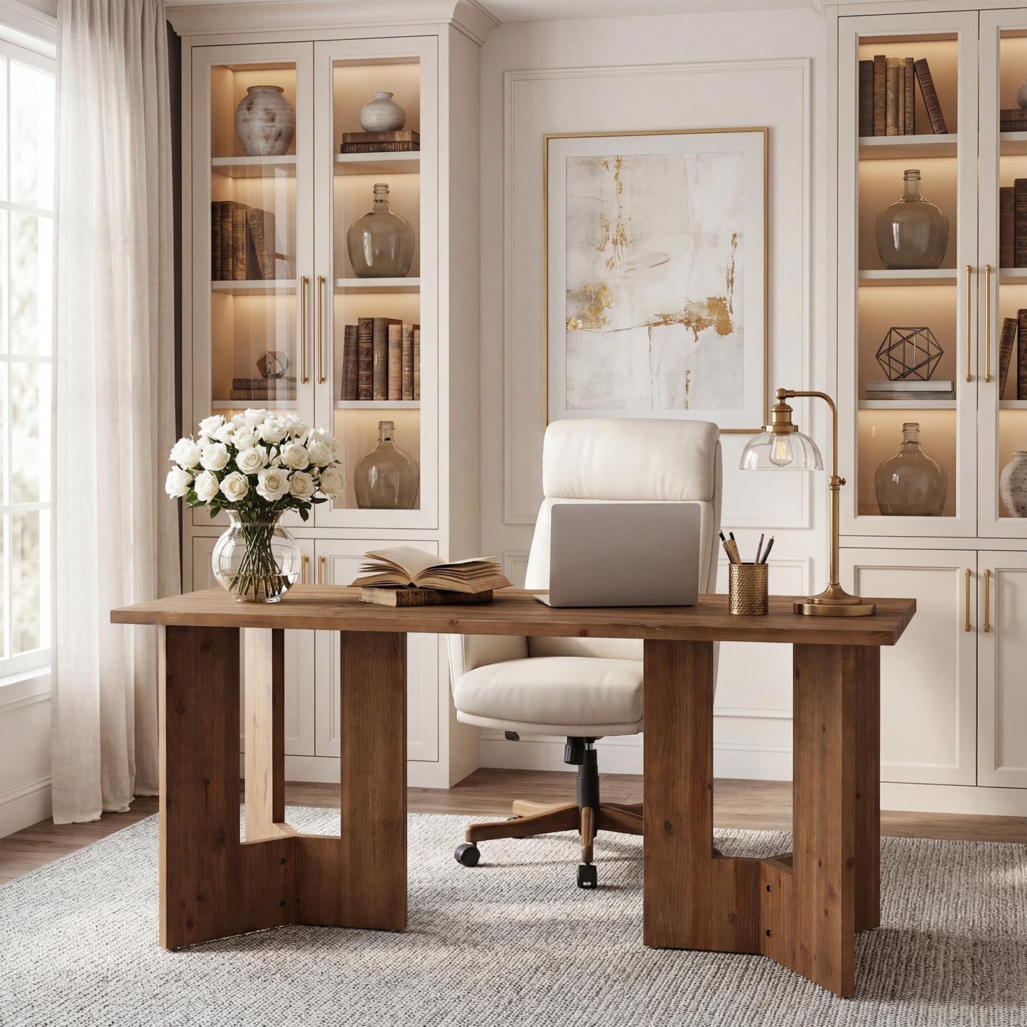 LITTLE TREE 63" Long Large Wood Desks, Solid Wood Office Desk, Farmhouse Executive Computer Desk, Home Office Workstaticon, Work Writing Table, Walnut