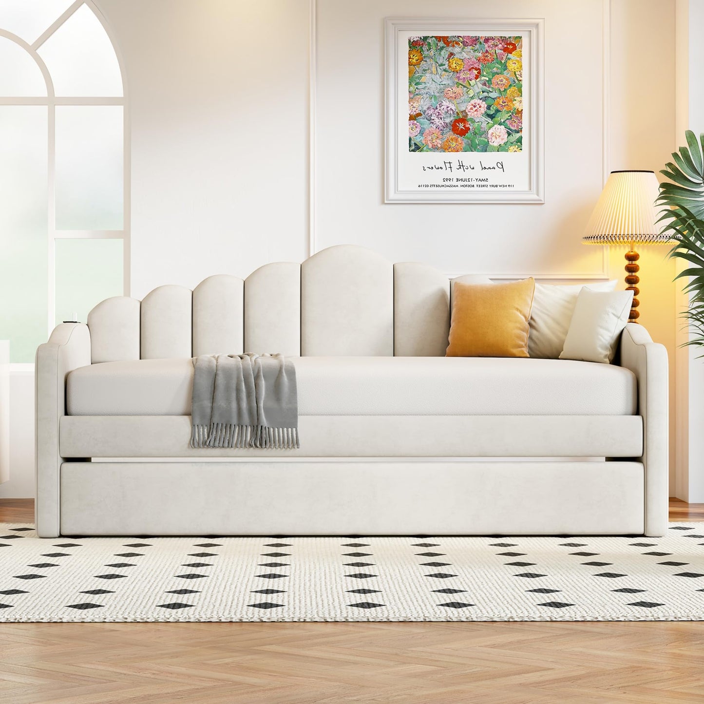 Ball & Cast Twin Daybed with Trundle and Channel Tufted Backrest,Velvet Upholstered Day Bed Frame with USB Charging Ports and 2 Side Pockets, Wood Slats Support,No Box Spring Needed,Beige