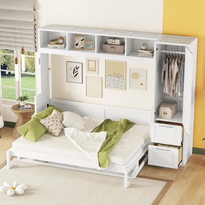 Merax Queen Size Murphy Bed, Modern Wall Bed with Storage Cabinets & Drawers, Space-Saving Foldable for Bedroom Guest Room Home Office Small Apartment, White
