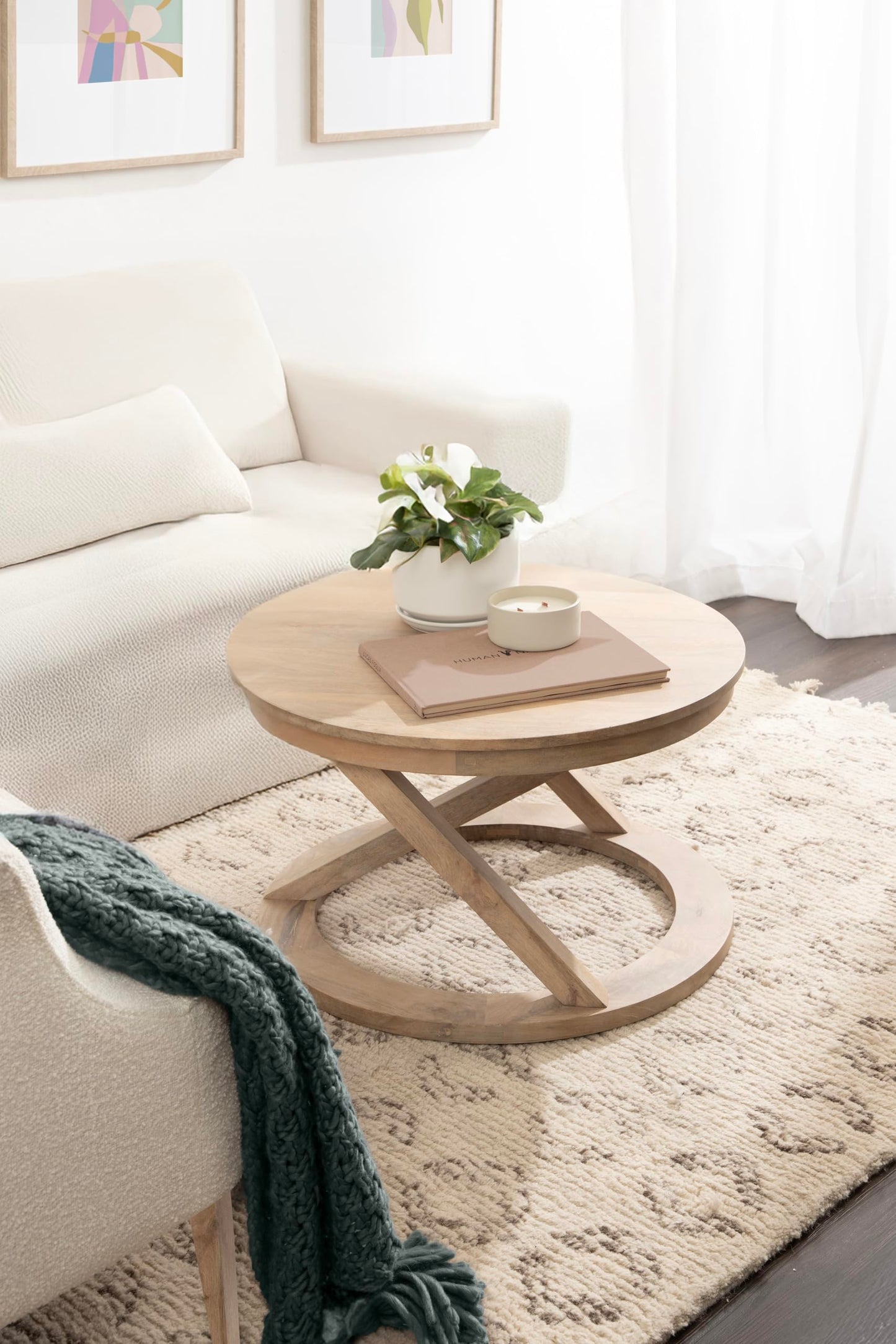Kate and Laurel Aja Bohemian Round Mango Wood Coffee Table, 26 inch Diameter, Light Natural, Decorative Geometric Modern Coffee Table for Hosting, Storage, and Living Room Decor