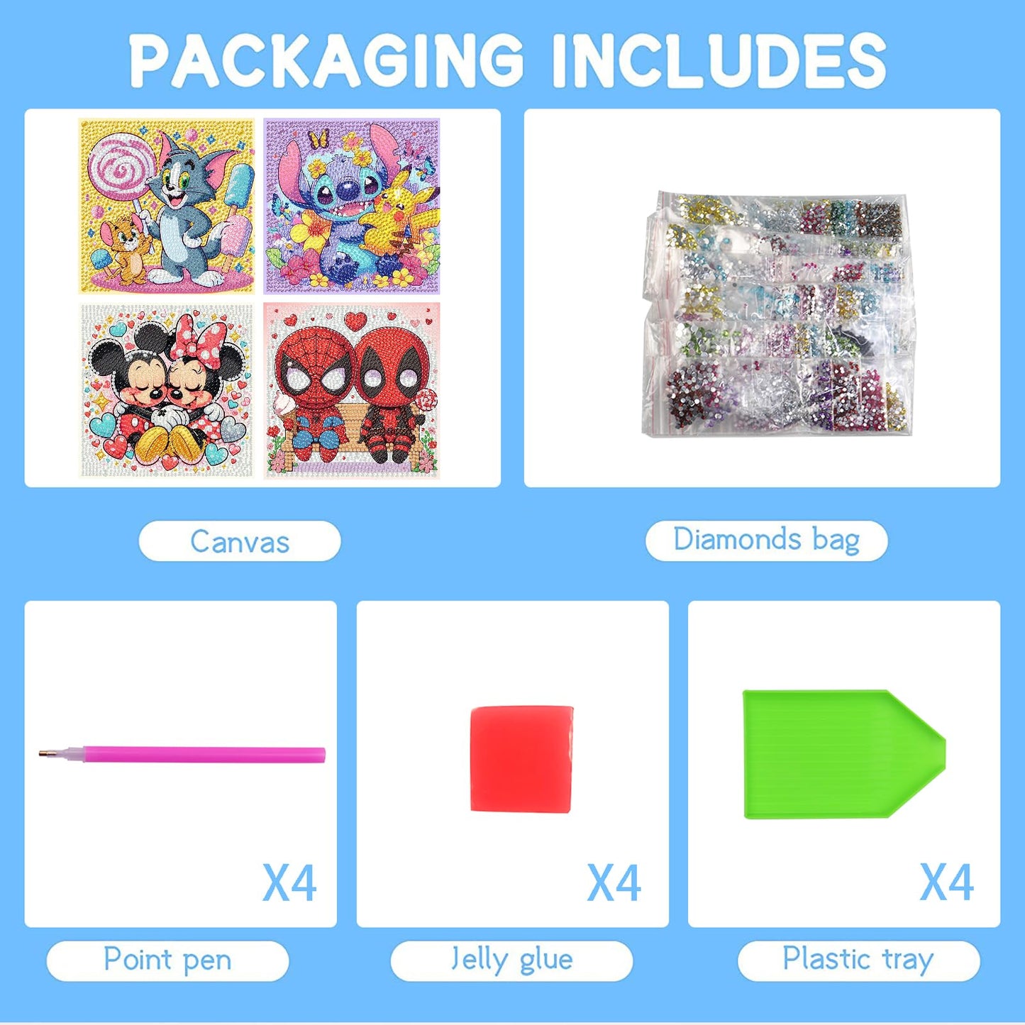 Fuinkqe 4 Packs Cartoon Diamond Art Kits for Kids,5D DIY Diamond Art Painting Kits for Kids Ages 4-8-12,Mosaic Kits Full Round Drills for Gifts and Home Wall Decor 6X6 Inch