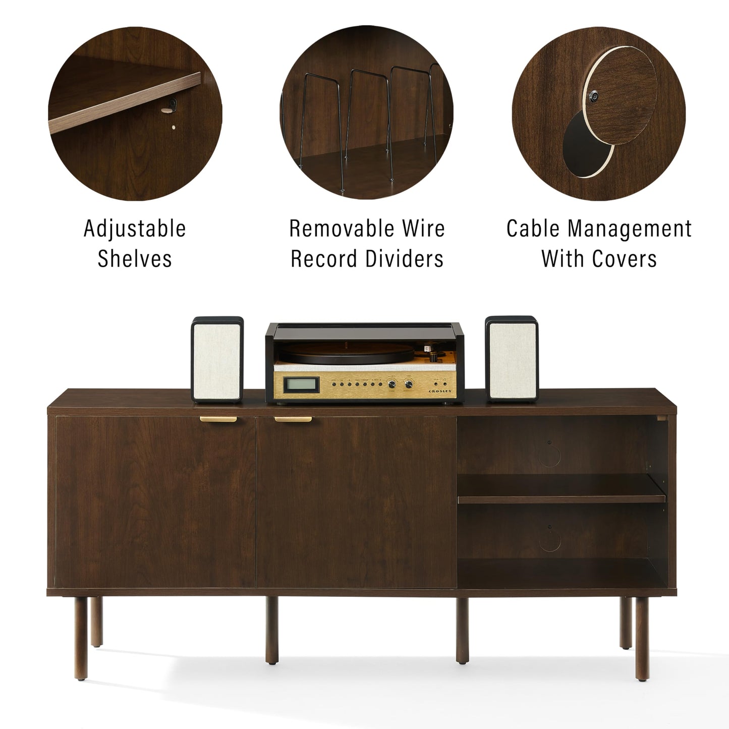 Crosley Furniture Brody Vinyl Record Storage Sideboard, Modern Media Console and Cabinet with Shelves, Brown