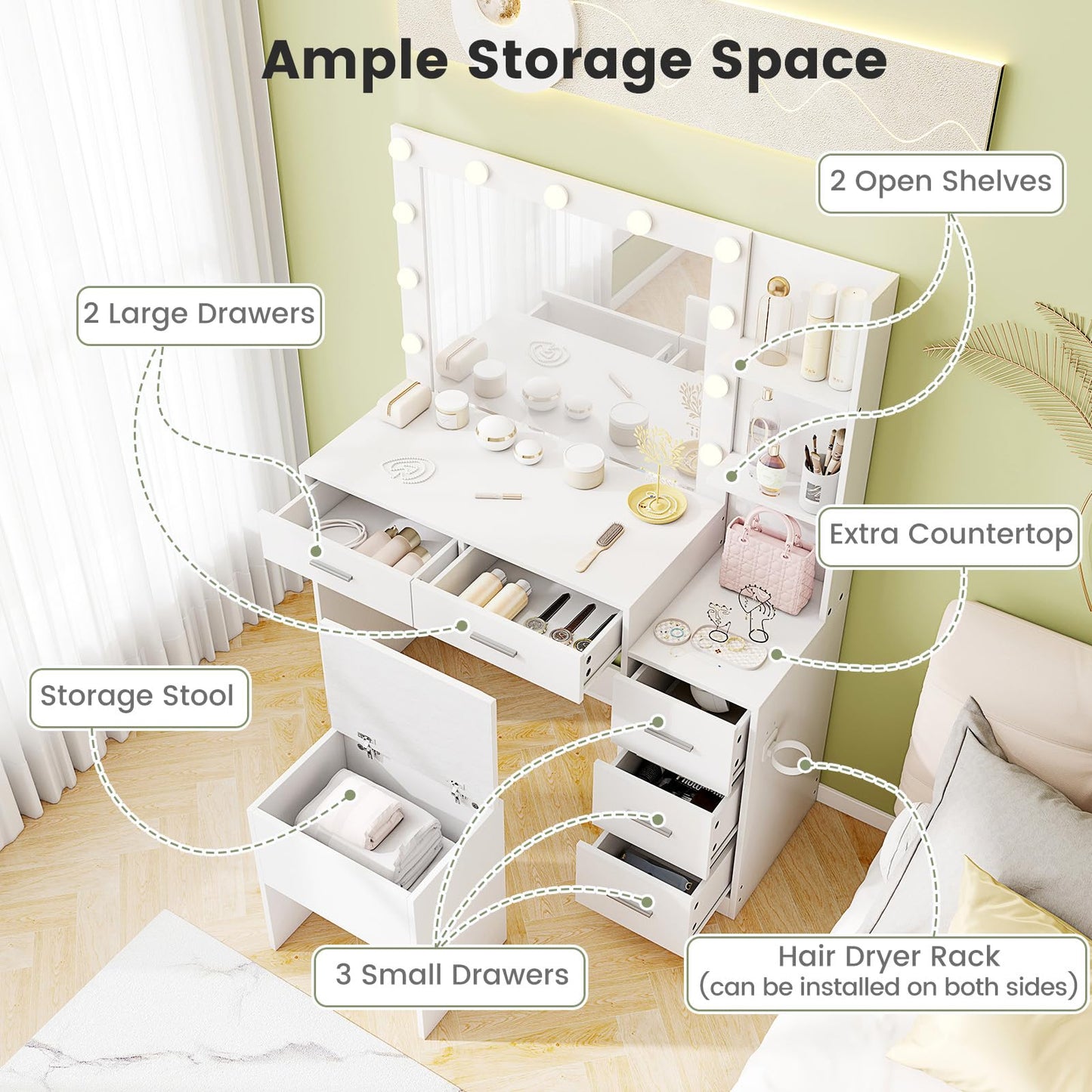 CHARMAID Vanity Desk with Mirror and Lights, White Makeup Vanity Desk with Charging Station, 5 Drawers & 2 Shelves, Storage Stool, 3 Color Lighting Modes, Modern Dressing Table for Bedroom