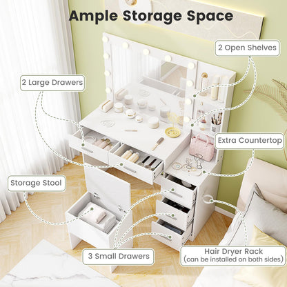 CHARMAID Vanity Desk with Mirror and Lights, White Makeup Vanity Desk with Charging Station, 5 Drawers & 2 Shelves, Storage Stool, 3 Color Lighting Modes, Modern Dressing Table for Bedroom