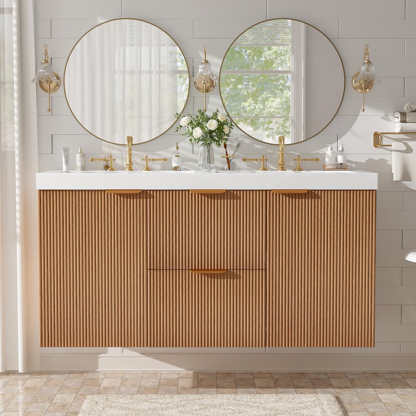 Merax 47.24" Wall-Mounted Double Sink Bathroom Vanity with SMC Countertop, Modern Two Integrated Sinks, Soft-Close Doors & Divided Drawers, Wood Grain Melamine Finish for Shared Bathroom