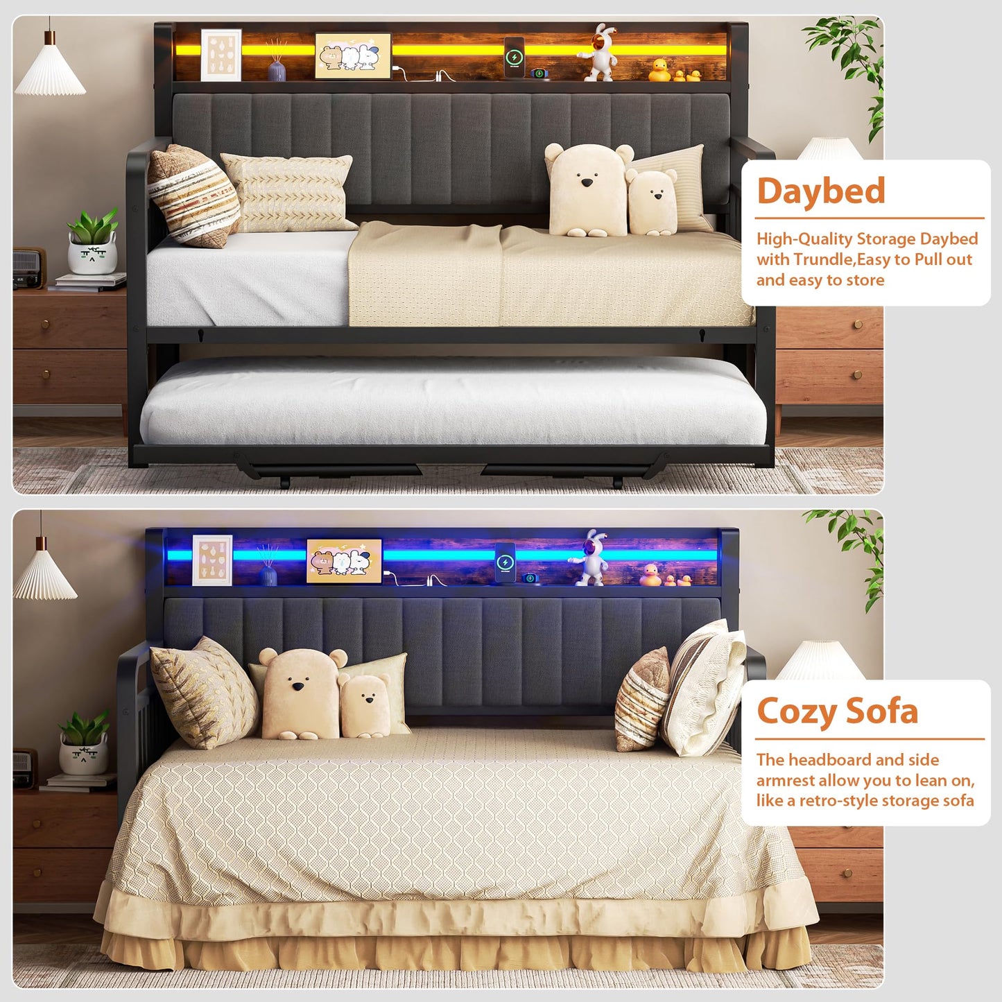 Daybed with Trundle and LED Light, Heavy Duty Metal Twin Bed Frame with Upholstered Storage Headboard & Charging Station, Day Bed Pop Up Trundle Bed Twin for Living Room,Bedroom and Guest Room, Brown