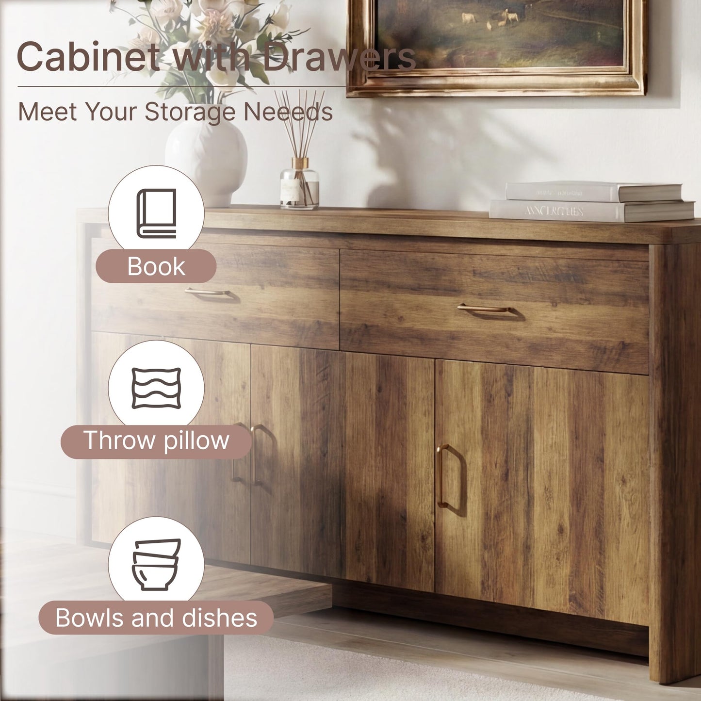 KISLOT 59" Sideboard Buffet Cabinet with Storage, Wood Kitchen Storage Cabinet with Adjustable Shelves & Drawers, Mid Century Modern Credenza for Kitchen, Living Room, Entryway (Walnut)